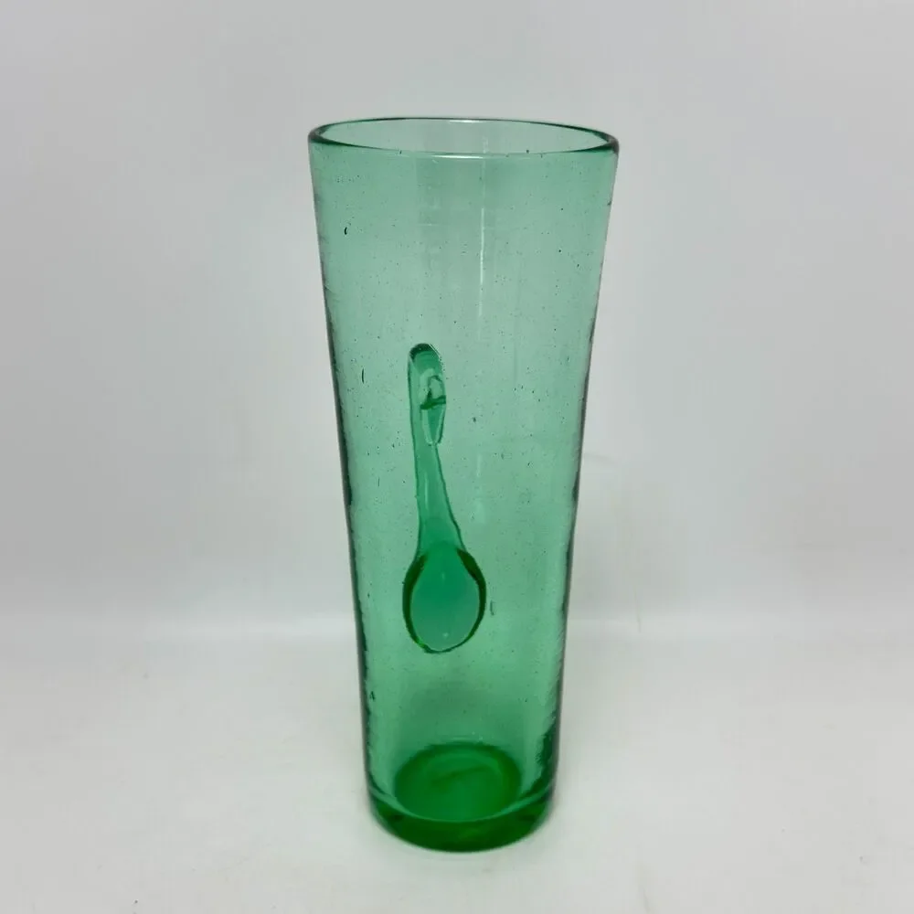 Vintage Blenko Art Glass Sea Green Chimney Highball Tumbler with Handle